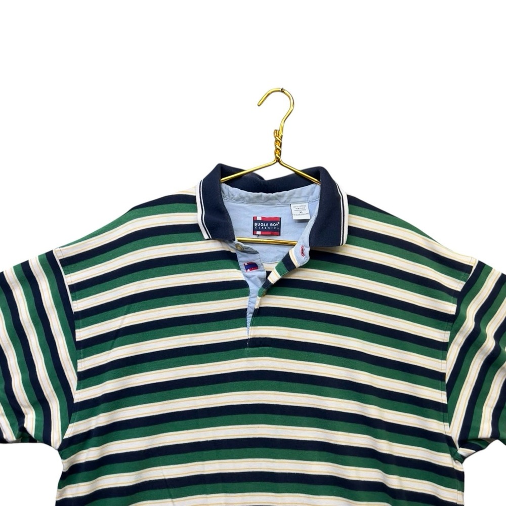 Vintage Bugle Boy Striped Polo Shirt XL Green Navy White 90s Cotton Classic - Picture 2 of 8